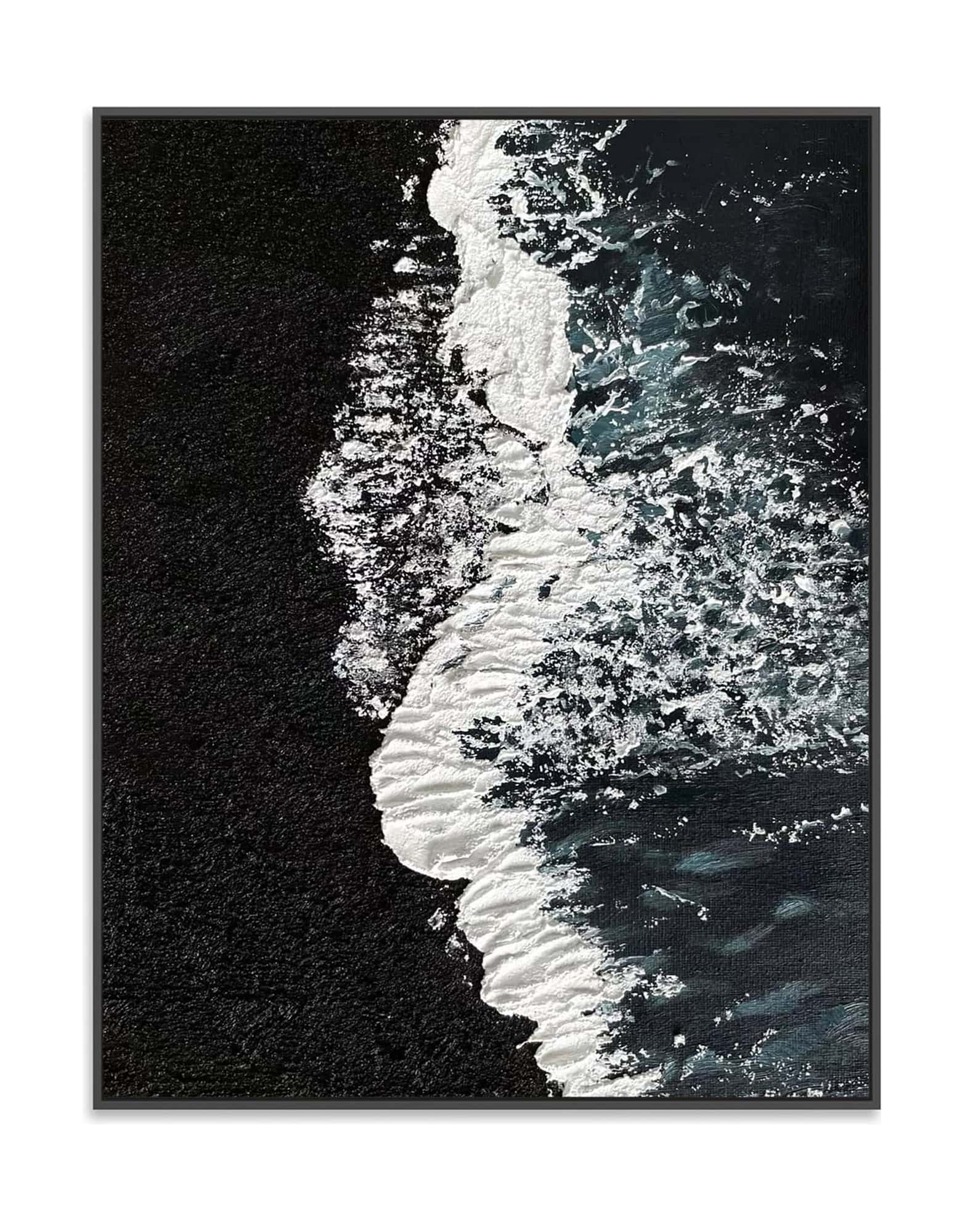 "BLACK BEACH, STYLE B: Hand-painted Portrait shaped textured wall art painting featuring a black beach with crashing waves, framed in a black shadow box, in shades of black, white, blue, green and grey."