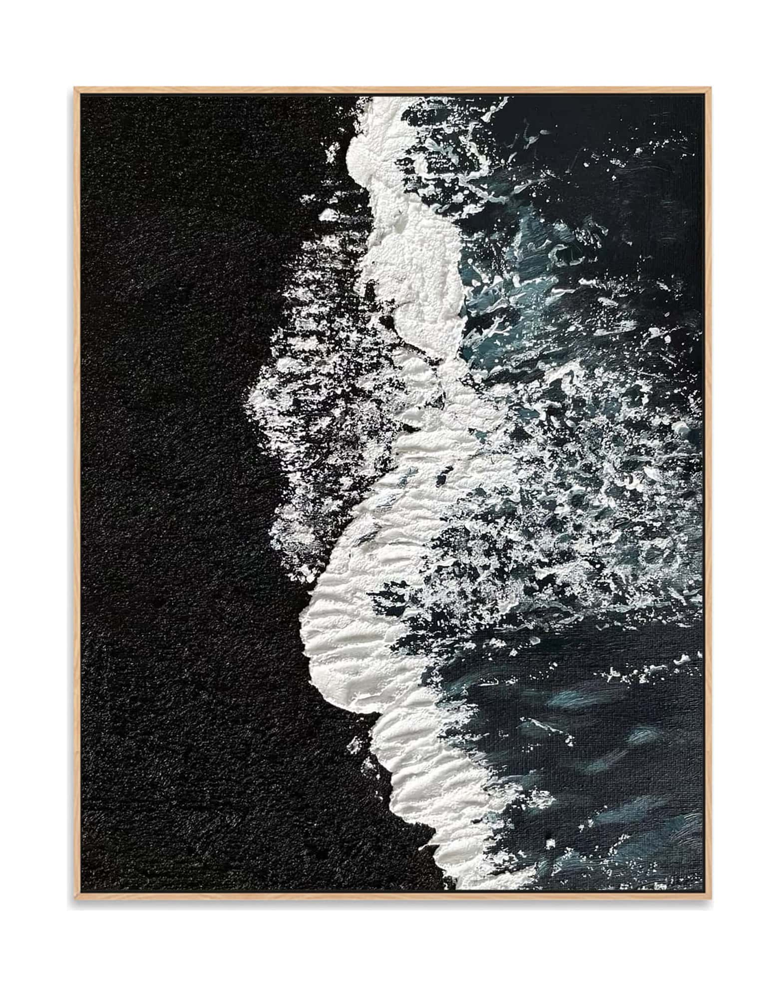 "BLACK BEACH, STYLE B: Hand-painted Portrait shaped and Landscape shaped textured wall art painting featuring a black beach with crashing waves, framed in an oak shadow box, in shades of black, white, blue, green and grey."