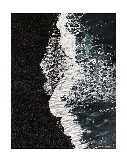 "BLACK BEACH, STYLE B: Hand-painted Portrait shaped and Landscape shaped textured wall art painting depicting a black beach with crashing waves, in shades of black, white, grey, blue and green."