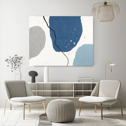 "CELLULAR BALLET, STYLE A: Hand-painted Landscape shape abstract texture wall art painting in black, white, blue, grey, and silver colours, hanging in the lounge."