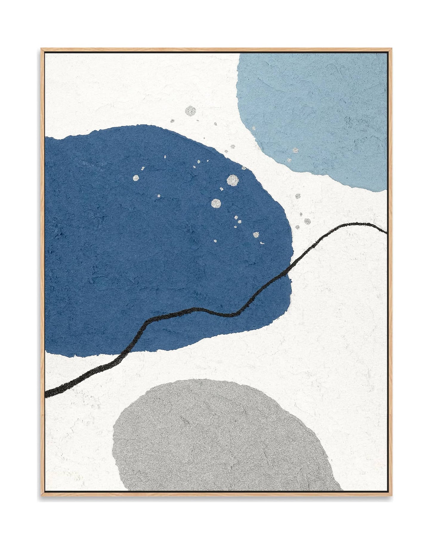 "CELLULAR BALLET, STYLE A: Hand-painted Portrait shaped and Landscape shaped abstract textured wall art painting in black, white, blue, grey, and silver colours, framed in an oak shadow box."