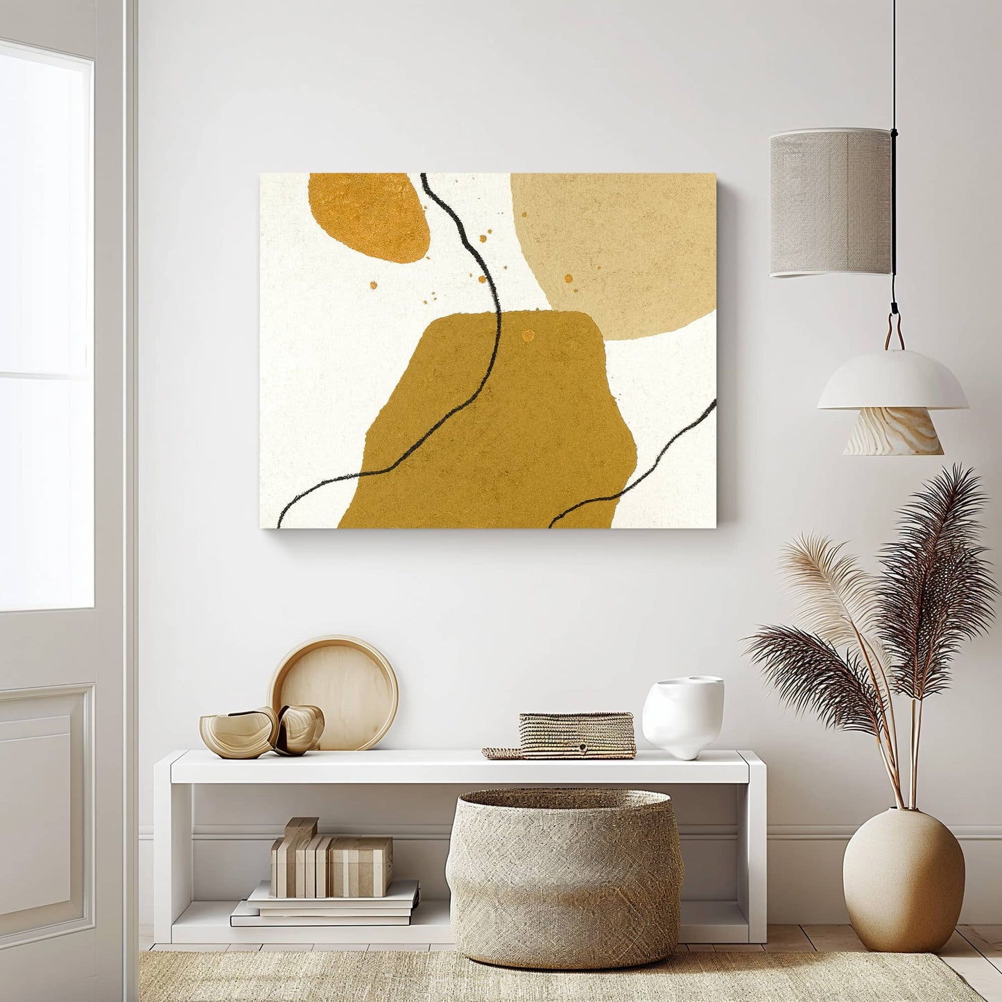 "CELLULAR BALLET, STYLE B: Hand-painted Landscape shaped abstract textured wall art painting in black, white, yellow and gold colours, hanging in the hallway."