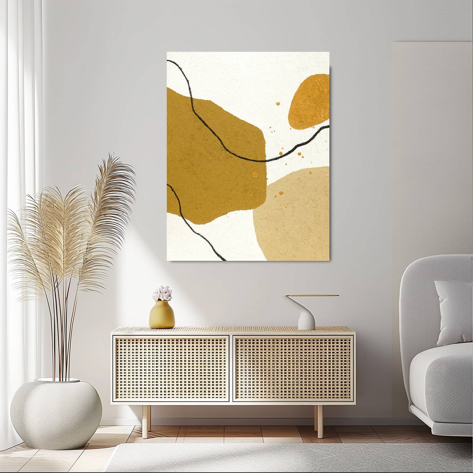 "CELLULAR BALLET, STYLE B: Hand-painted Portrait shaped abstract textured wall art painting in black, white, yellow and gold colours, hanging in the living room."