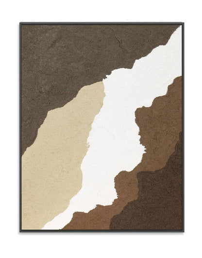 "CANYON, STYLE A: Hand-painted Portrait shaped and Landscape shaped abstract textured wall art painting in white, cream, tan, and brown colours, framed in a black shadow box."