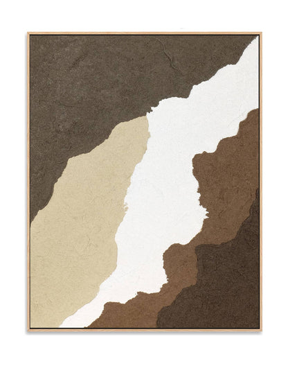 "CANYON, STYLE A: Hand-painted Portrait shaped and Landscape shaped abstract textured wall art painting in white, cream, tan, and brown colours, framed in an oak shadow box."