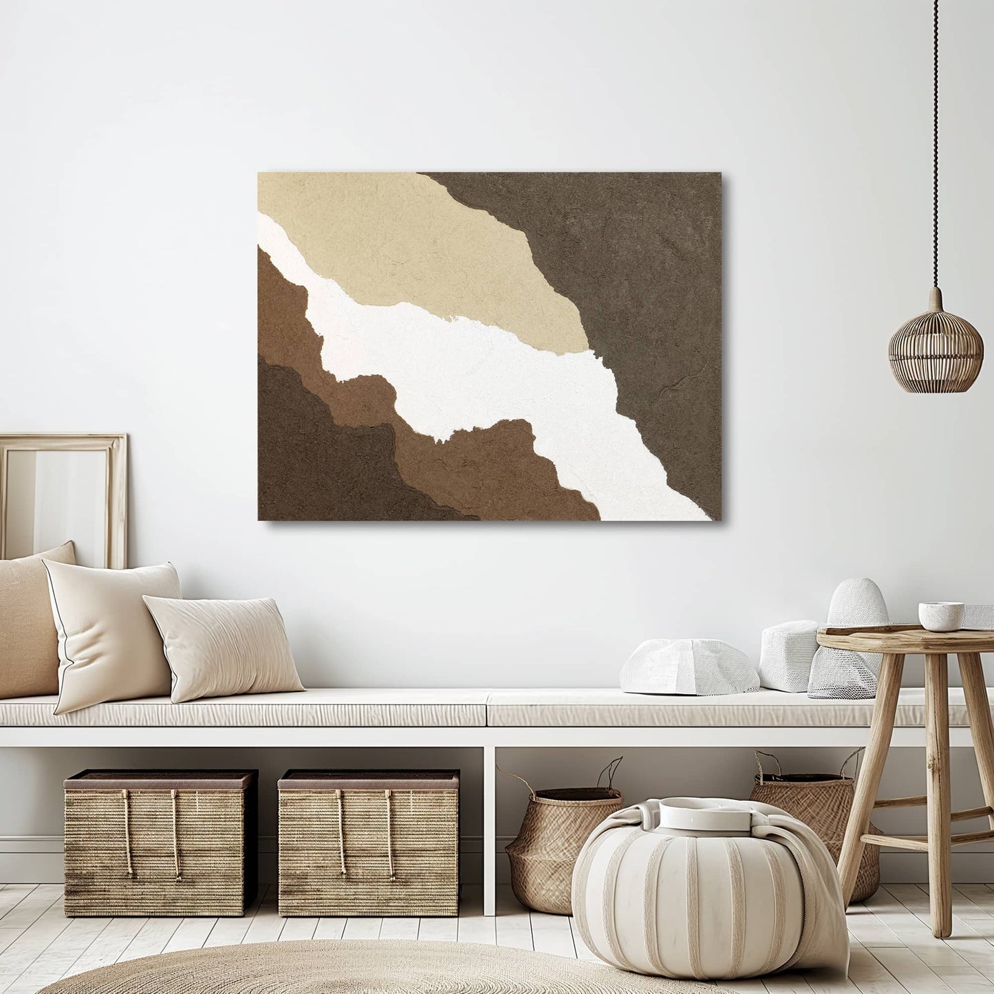 "CANYON, STYLE A: Hand-painted Landscape shaped abstract textured wall art painting in white, cream, tan, and brown colours, hanging in the hallway."