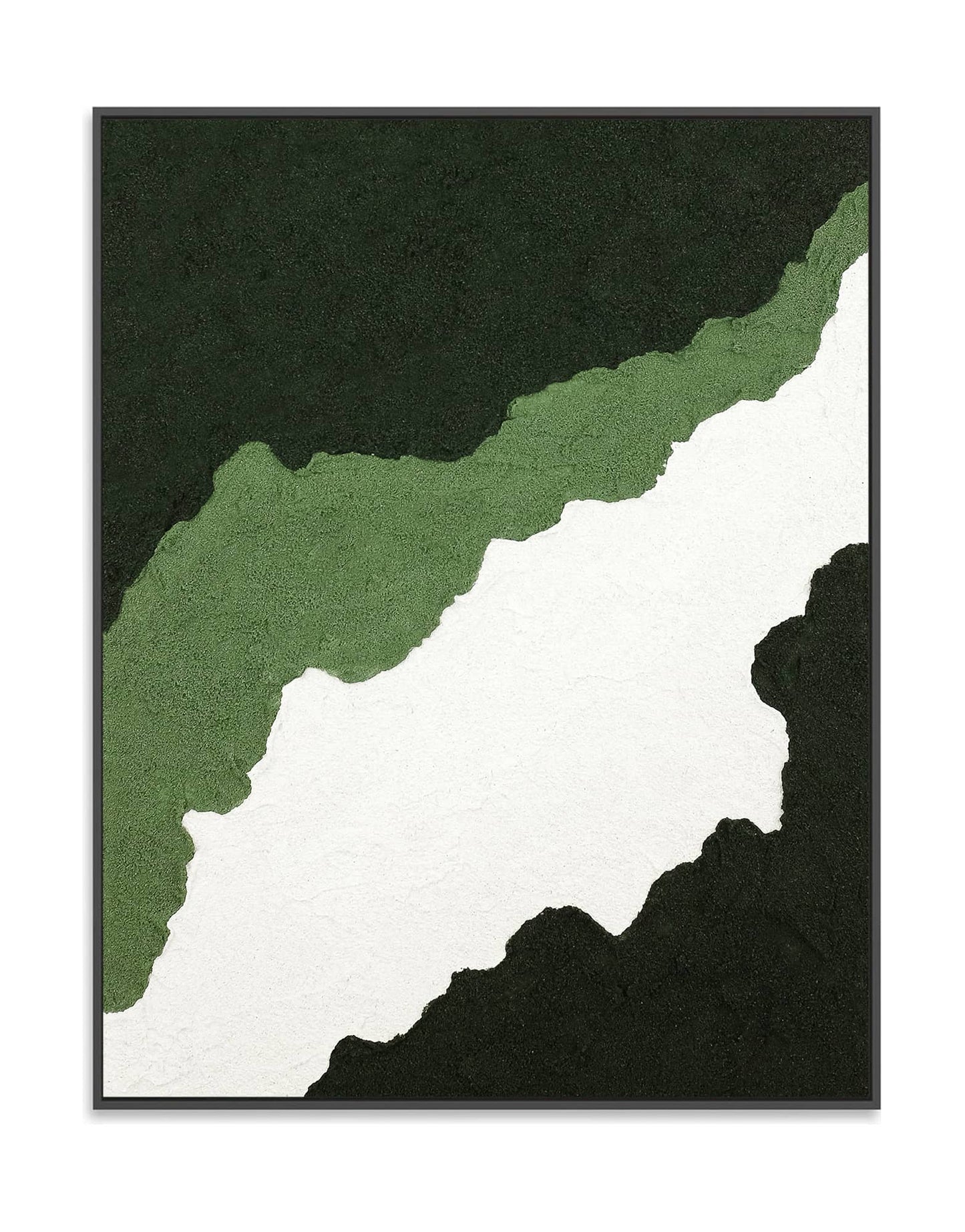 "CANYON, STYLE B: Hand-painted Portrait shaped and Landscape shaped abstract textured wall art painting in white, green, olive green, dark green and grass green colours, framed in a black shadow box."