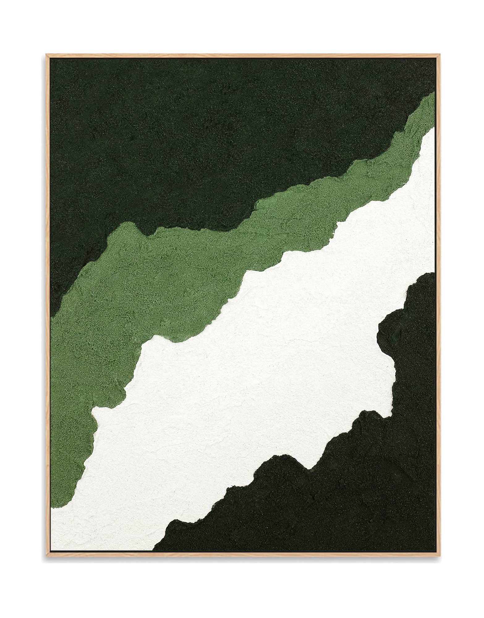 "CANYON, STYLE B: Hand-painted Portrait shape and Landscape shape abstract texture wall art painting in white, green, olive green, dark green and grass green colours, framed in an oak shadow box."