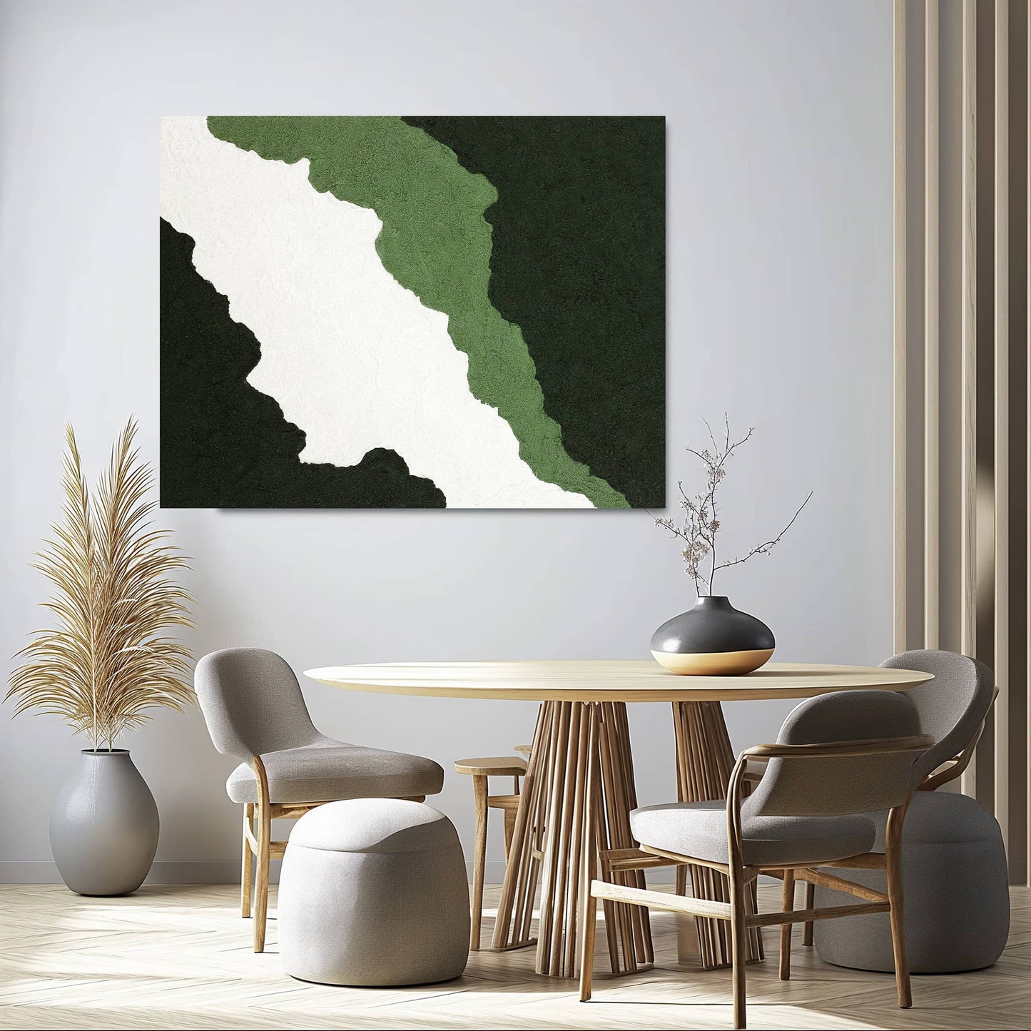 "CANYON, STYLE B: Hand-painted Landscape shaped abstract textured wall art painting in white, green, olive green, dark green and grass green colours, hanging in the dining room."