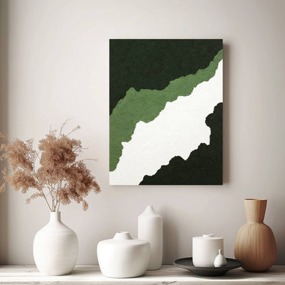 "CANYON, STYLE B: Hand-painted Portrait shaped abstract textured wall art painting in white, green, olive green, dark green and grass green colours, hanging in the hallway."