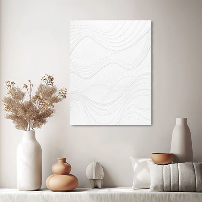 "ETHEREAL FLOW, STYLE A: Hand-painted Portrait shaped abstract textured wall art painting with a linear and ethereal feel, in shades of white, hanging in the hallway."