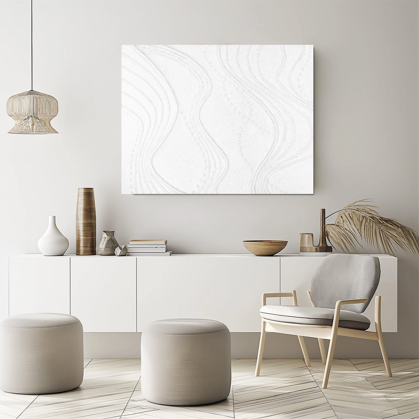 "ETHEREAL FLOW, STYLE A: Hand-painted Landscape shaped abstract textured wall art painting with a linear and ethereal feel, in shades of white, hanging in the lounge."