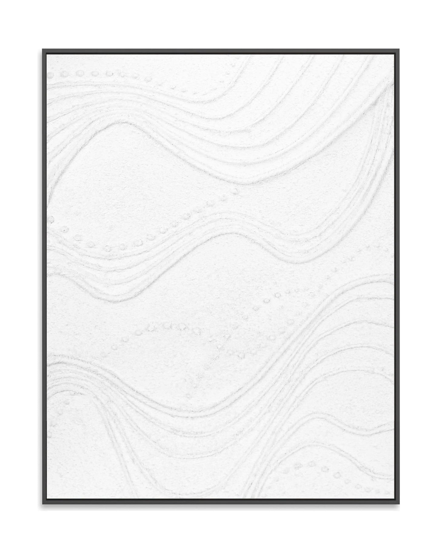 "ETHEREAL FLOW, STYLE A: Hand-painted Portrait shaped and Landscape shaped abstract textured wall art painting with a linear and ethereal feel, in shades of white, framed in black shadow box frame."