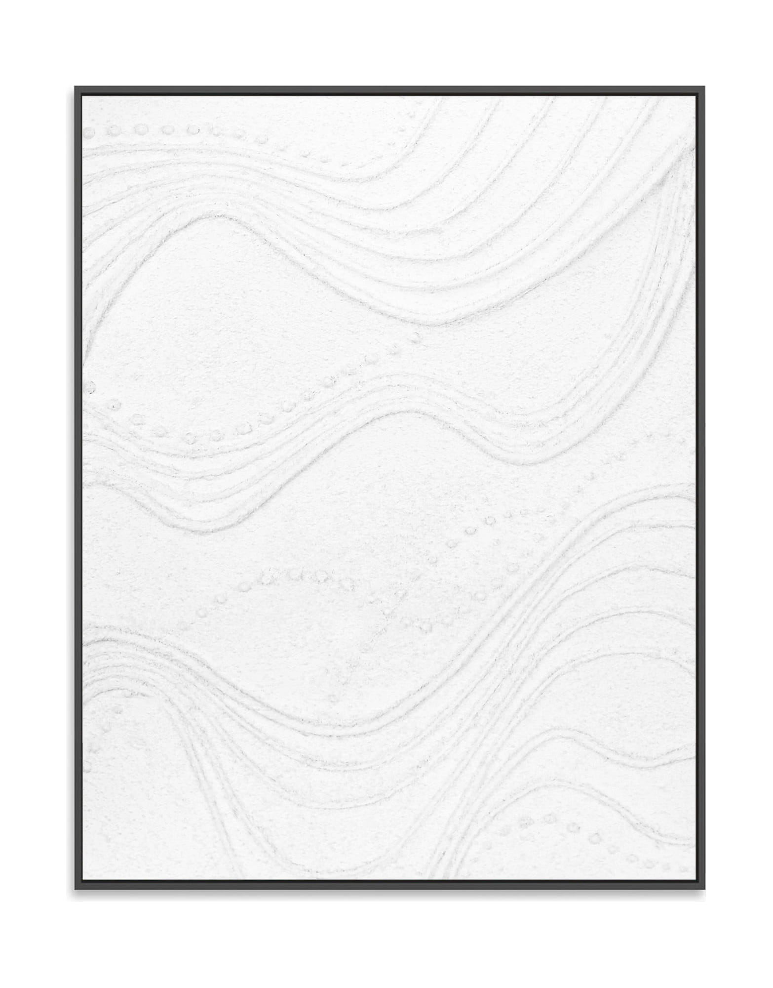 "ETHEREAL FLOW, STYLE A: Hand-painted Portrait shaped and Landscape shaped abstract textured wall art painting with a linear and ethereal feel, in shades of white, framed in black shadow box frame."