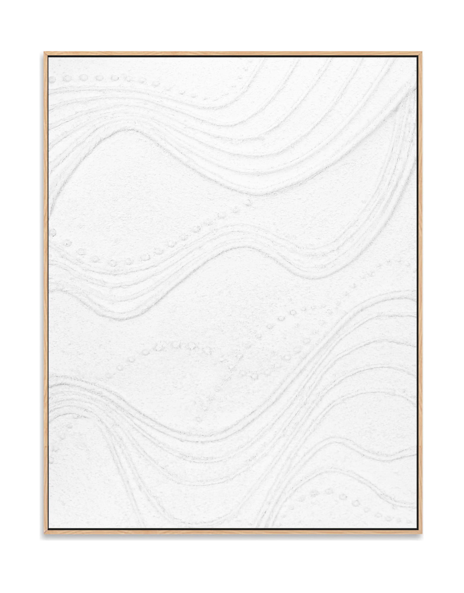 "ETHEREAL FLOW, STYLE A: Hand-painted Portrait shaped and Landscape shaped abstract textured wall art painting with a linear and ethereal feel, in shades of white, framed in oak shadow box frame."