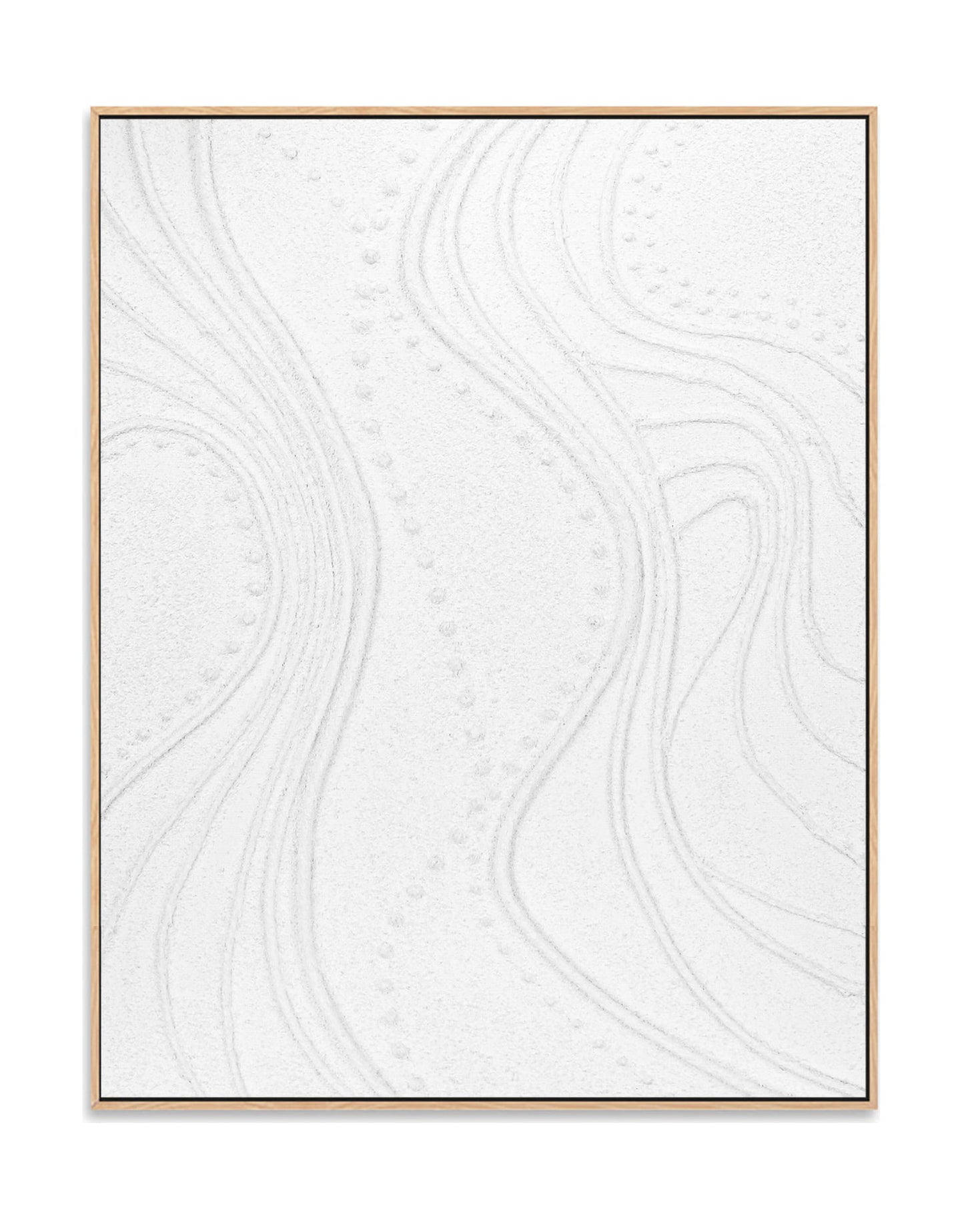 "ETHEREAL FLOW, STYLE B: Hand-painted Portrait shaped and Landscape shaped abstract textured wall art painting with a linear and ethereal feel, in shades of white, framed in oak shadow box frame."