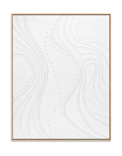 "ETHEREAL FLOW, STYLE B: Hand-painted Portrait shaped and Landscape shaped abstract textured wall art painting with a linear and ethereal feel, in shades of white, framed in oak shadow box frame."