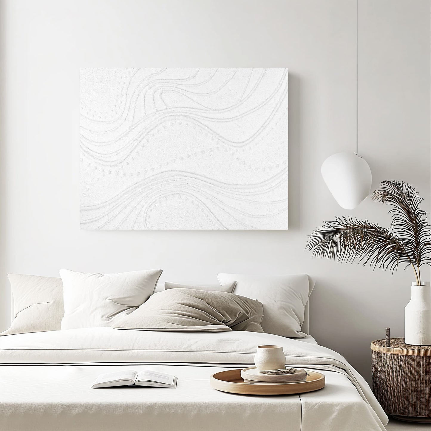 "ETHEREAL FLOW, STYLE B: Hand-painted Landscape shaped abstract textured wall art painting with a linear and ethereal feel, in shades of white, hanging in the bedroom."