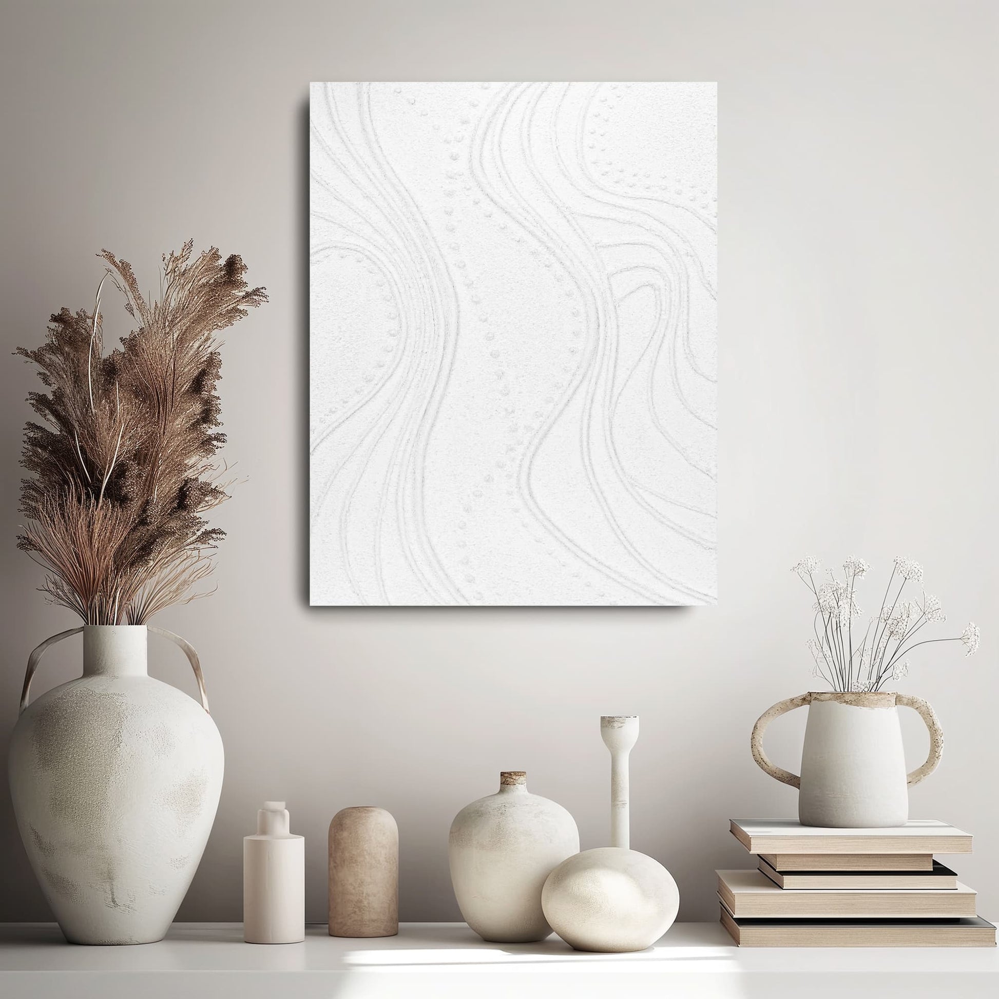 "ETHEREAL FLOW, STYLE B: Hand-painted Portrait shaped abstract textured wall art painting with a linear and ethereal feel, in shades of white, hanging in the hallway."