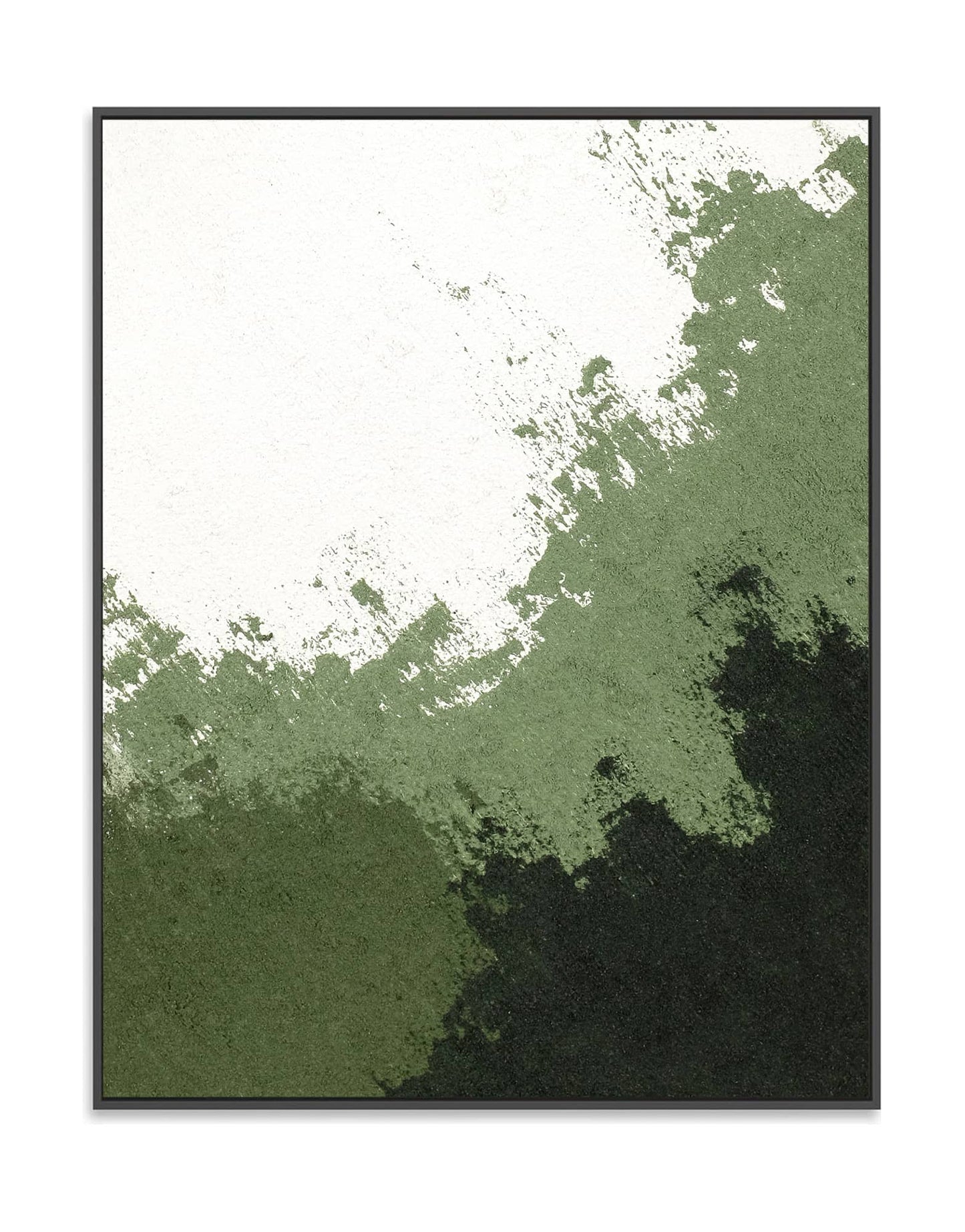 "FADE AWAY, STYLE A: Hand-painted Portrait shaped and Landscape shaped abstract textured wall art painting in shades of white, cream, green, olive green, framed in a black shadow box."