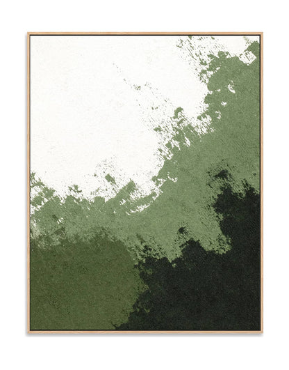 "FADE AWAY, STYLE A: Hand-painted Portrait shaped and Landscape shaped abstract textured wall art painting in shades of white, cream, green, olive green, framed in an oak shadow box."