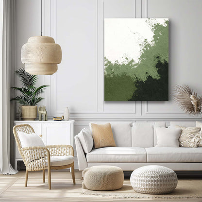 "FADE AWAY, STYLE A: Hand-painted Portrait shaped abstract textured wall art painting in shades of white, cream, green, olive green, hanging in the living room."