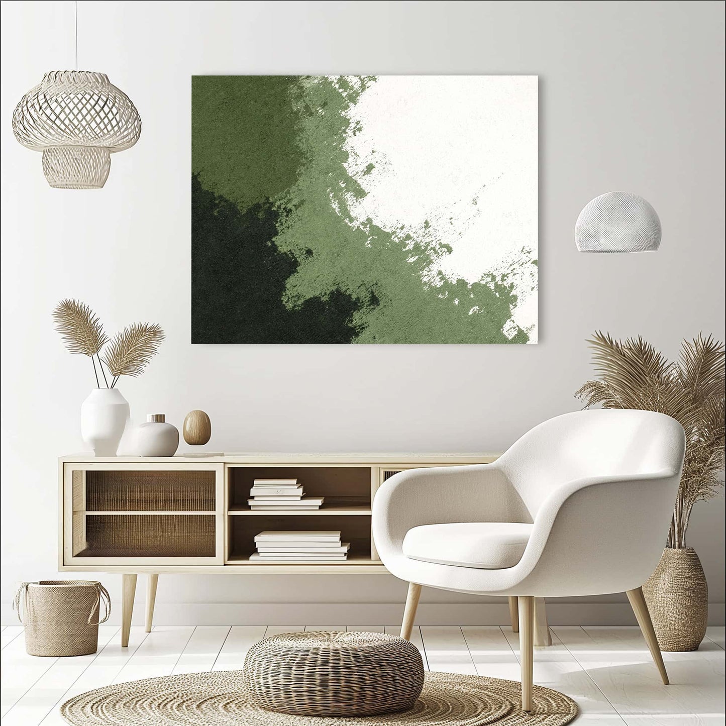 "FADE AWAY, STYLE A: Hand-painted Landscape shaped abstract textured wall art painting in shades of white, cream, green, olive green, hanging in the lounge."