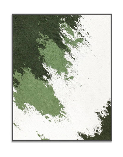 "FADE AWAY, STYLE B: Hand-painted Portrait shaped and Landscape shaped abstract textured wall art painting in shades of white, cream, green, framed in a black shadow box."