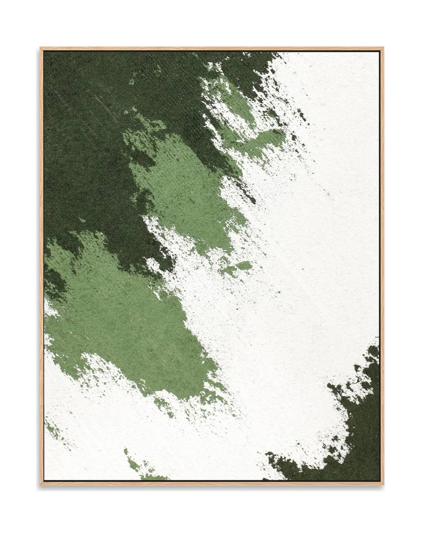 "FADE AWAY, STYLE B: Hand-painted Portrait shaped and Landscape shaped abstract textured wall art painting in shades of white, cream, green, framed in an oak shadow box."