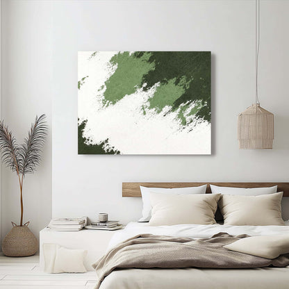 "FADE AWAY, STYLE A: Hand-painted Landscape shaped abstract textured wall art painting in shades of white, cream, green, hanging in the bedroom."