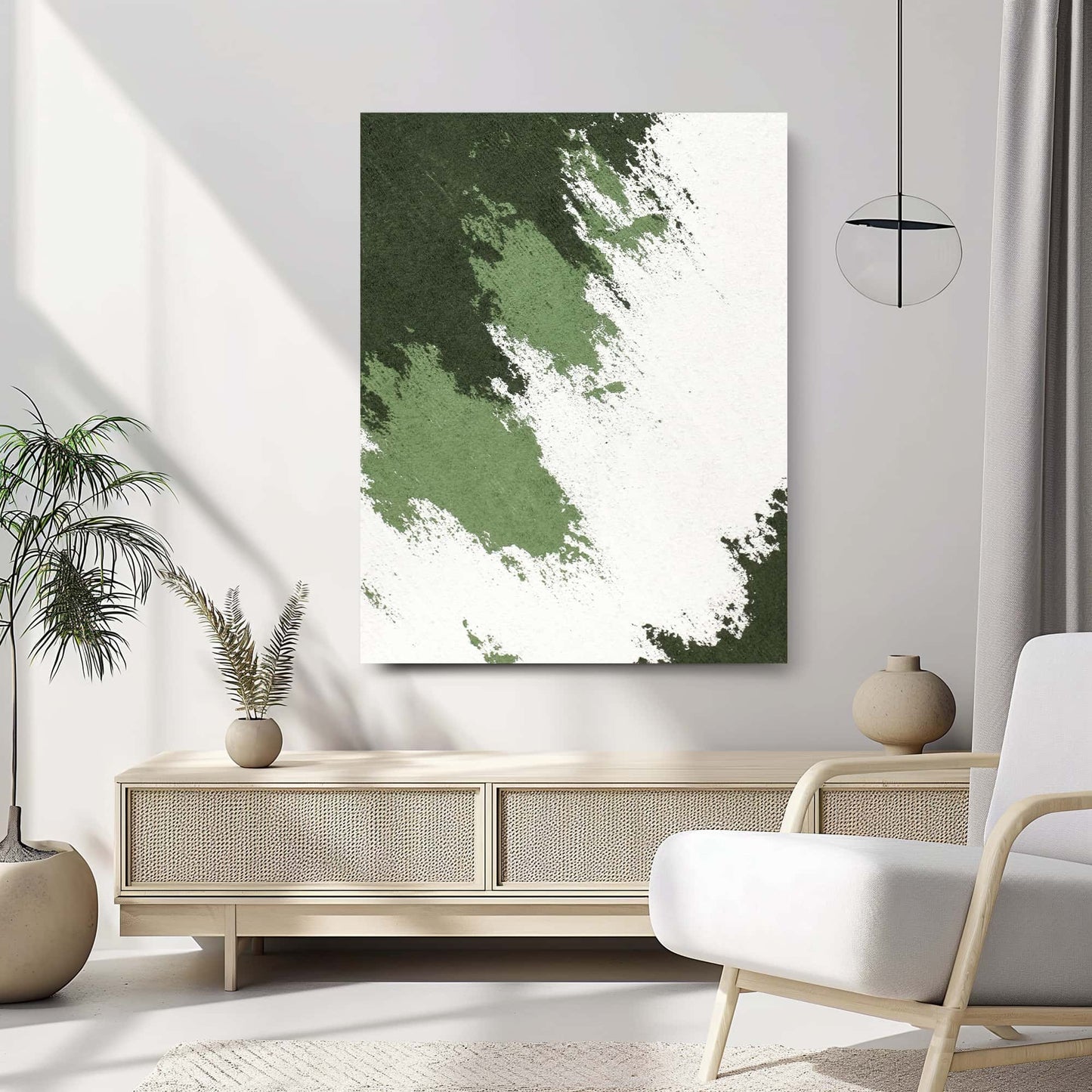 "FADE AWAY, STYLE A: Hand-painted Portrait shaped abstract textured wall art painting in shades of white, cream, green, hanging in the lounge."