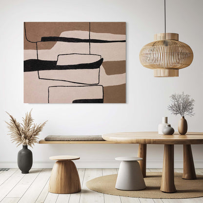 "FRACTURED HARMONY: Hand-painted Landscape shaped abstract textured wall art painting with a geometric and fractured feel, in shades of black, tan, and brown, hanging in the dining room."