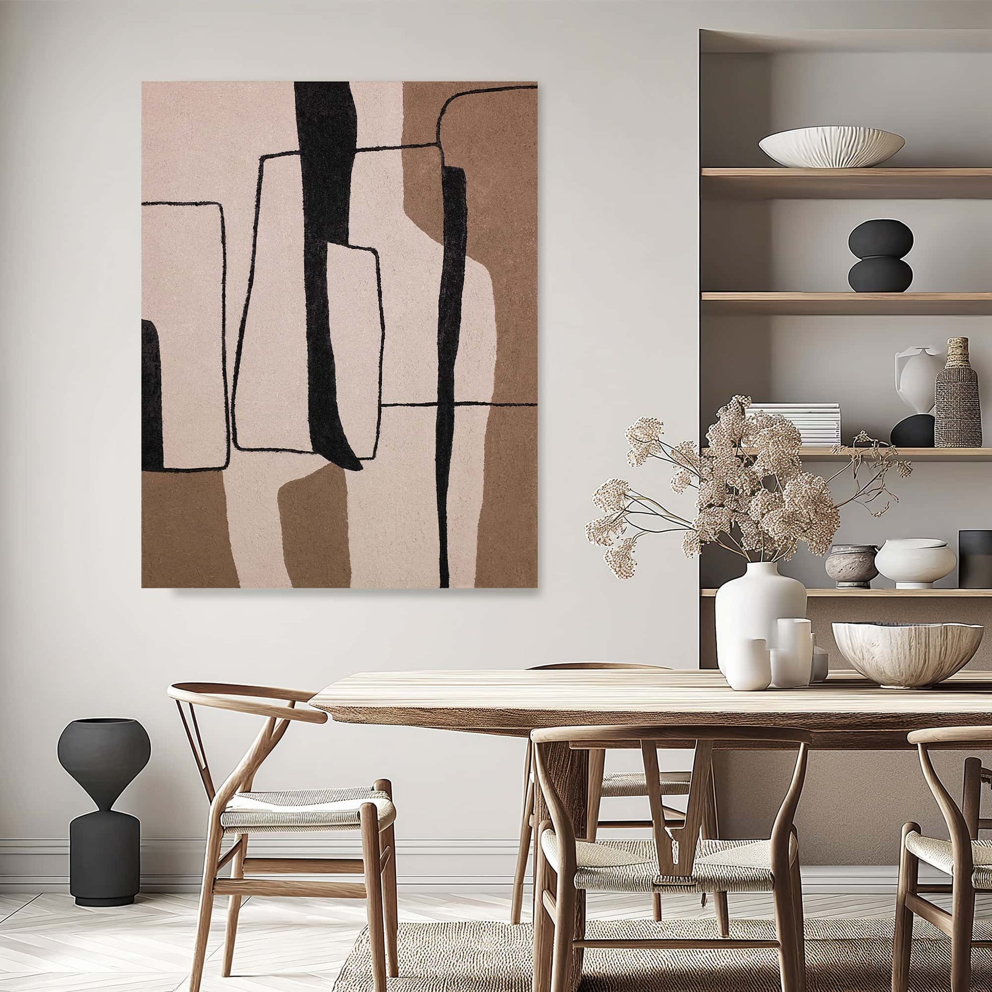 "FRACTURED HARMONY: Hand-painted Portrait shaped abstract textured wall art painting with a geometric and fractured feel, in shades of black, tan, and brown, hanging in the lounge."