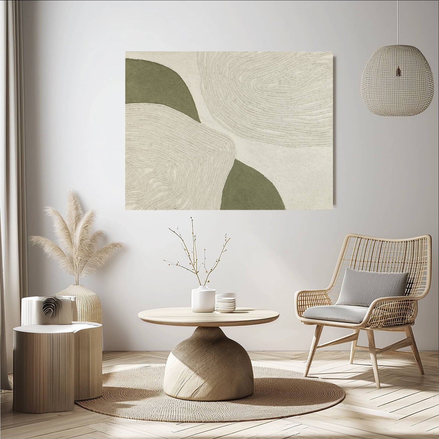 "FUSION ECHOES: Hand-painted Landscape shaped abstract textured wall art painting with a geometric and linear feel, in shades of cream and green, hanging in the lounge."