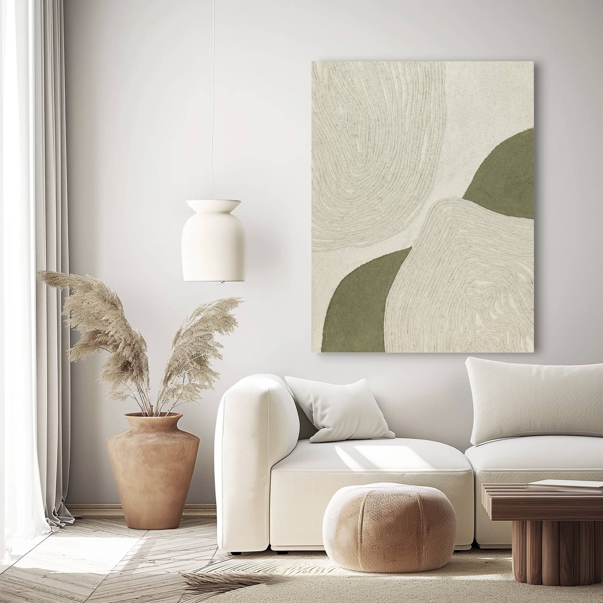 "FUSION ECHOES: Hand-painted Portrait shaped abstract textured wall art painting with a geometric and linear feel, in shades of cream and green, hanging in the living room"