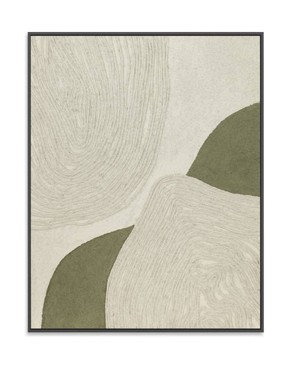 "FUSION ECHOES: Hand-painted Portrait shaped and Landscape shaped abstract textured wall art painting with a geometric and linear feel, in shades of cream and green, framed in a black shadow box."