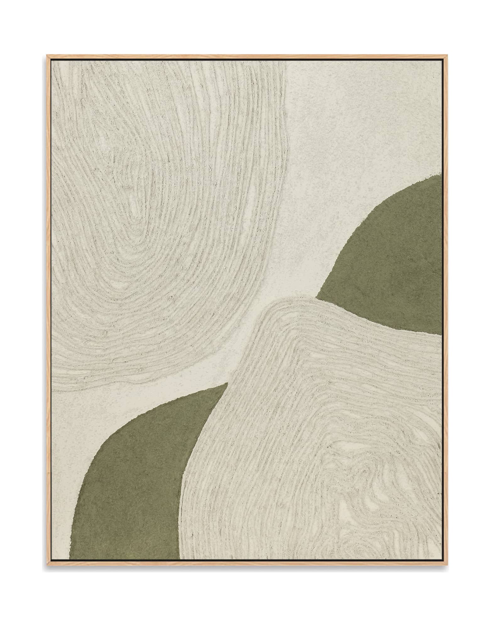 "FUSION ECHOES: Hand-painted Portrait shaped and Landscape shaped abstract textured wall art painting with a geometric and linear feel, in shades of cream and green, framed in an oak shadow box."