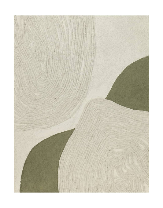 "FUSION ECHOES: Hand-painted abstract textured wall art painting with a geometric and linear feel, suitable for both portrait and landscape orientations, in shades of cream, light green, and olive green."