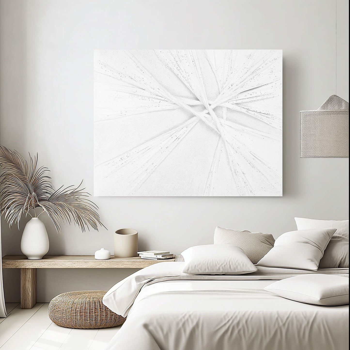 "INFINITE KNOTS: Hand-painted Landscape shape abstract texture wall art painting with a three-dimensional feel, in shades of white, hanging on the wall in the bedroom."