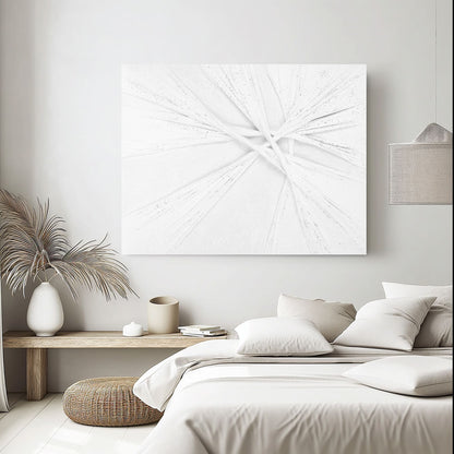"INFINITE KNOTS: Hand-painted Landscape shape abstract texture wall art painting with a three-dimensional feel, in shades of white, hanging on the wall in the bedroom."