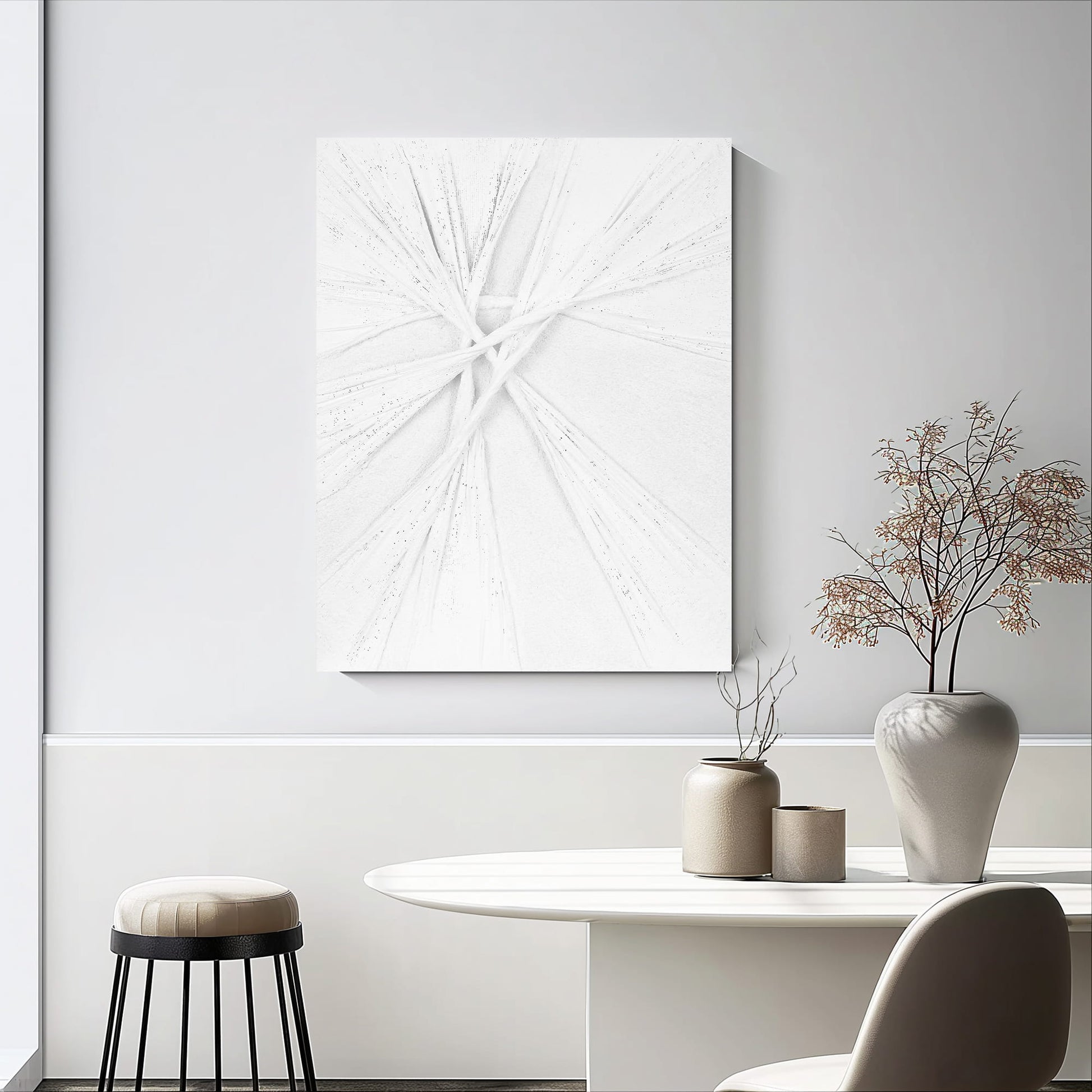 "INFINITE KNOTS: Hand-painted Portrait shape abstract texture wall art painting with a three-dimensional feel, in shades of white, hanging on the wall in the dining room."