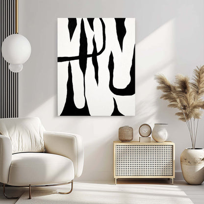 "LIGHT AND SHADOW: Hand-painted Portrait shaped abstract textured wall art painting in white and black colours, hanging on the wall in the lounge."