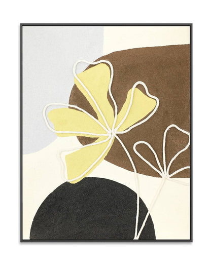 "LUCKY CLOVER: Hand-painted Portrait shaped textured wall art painting featuring a representation of a lucky clover, in shades of white, cream, black, yellow, tan, brown, blue, and light purple, framed in a black shadow box."