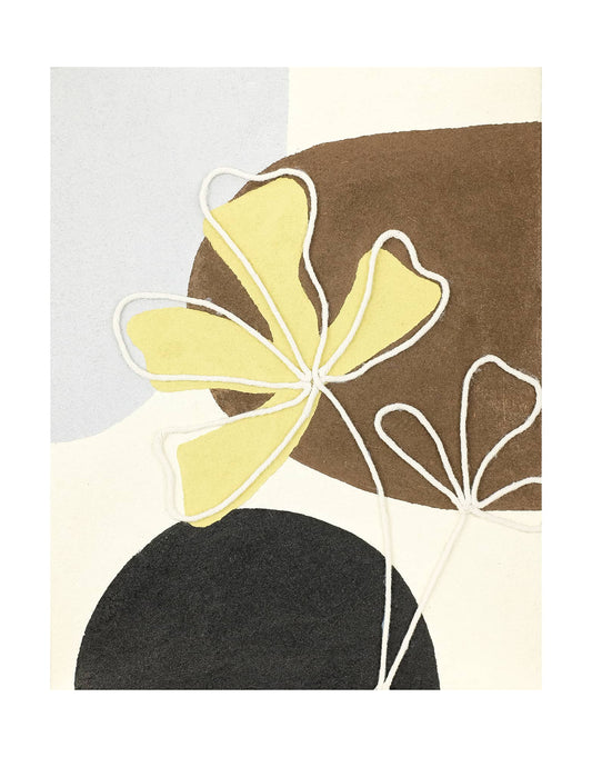 "LUCKY CLOVER: Hand-painted Portrait shaped textured wall art painting featuring a representation of a lucky clover, in shades of white, cream, black, yellow, tan, brown, blue, and light purple."