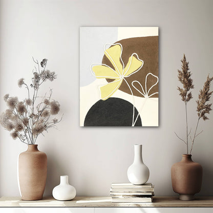 "LUCKY CLOVER: Hand-painted Portrait shaped textured wall art painting featuring a representation of a lucky clover, in shades of white, cream, black, yellow, tan, brown, blue, and light purple, hanging on the wall in the hallway."