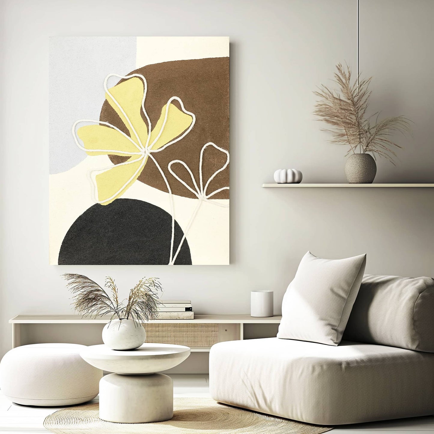 "LUCKY CLOVER: Hand-painted Portrait shaped textured wall art painting featuring a representation of a lucky clover, in shades of white, cream, black, yellow, tan, brown, blue, and light purple, hanging on the wall in the living room"