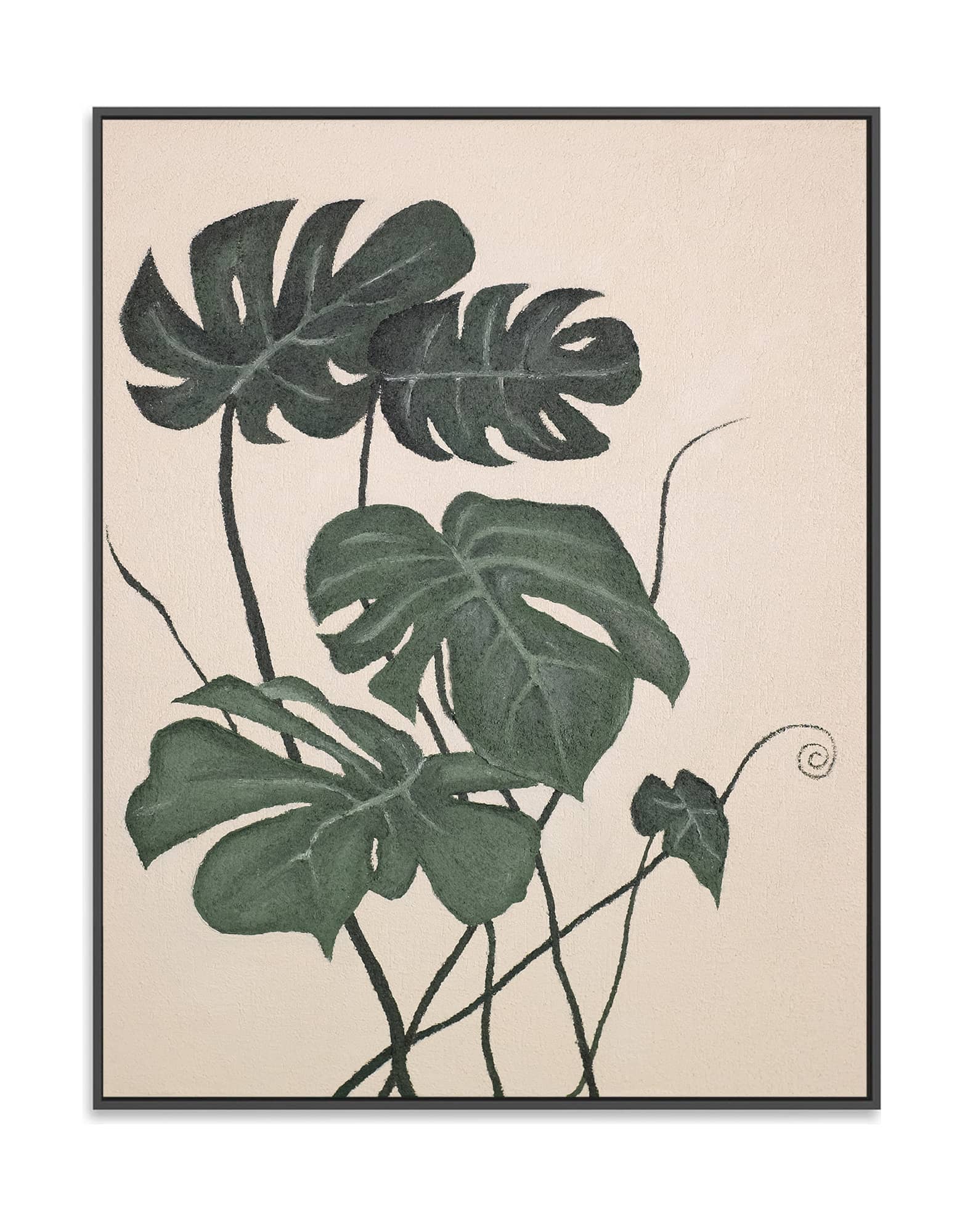 "MONSTERA DELICIOSA: Hand-painted Portrait shaped textured wall art painting featuring the Monstera Deliciosa plant, in shades of green and cream, framed in a black shadow box."