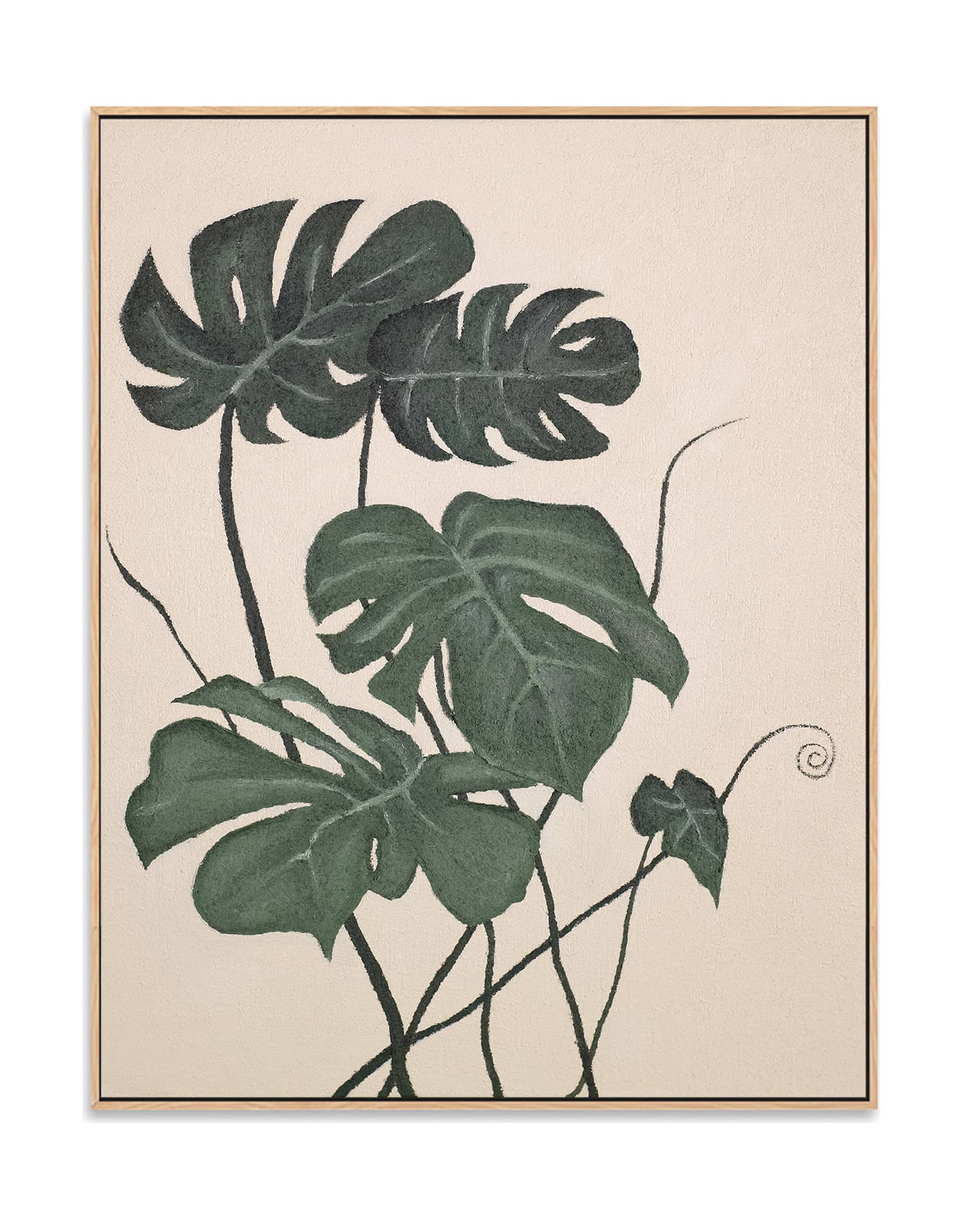 "MONSTERA DELICIOSA: Hand-painted Portrait shaped textured wall art painting featuring the Monstera Deliciosa plant, in shades of green and cream, framed in an oak shadow box."