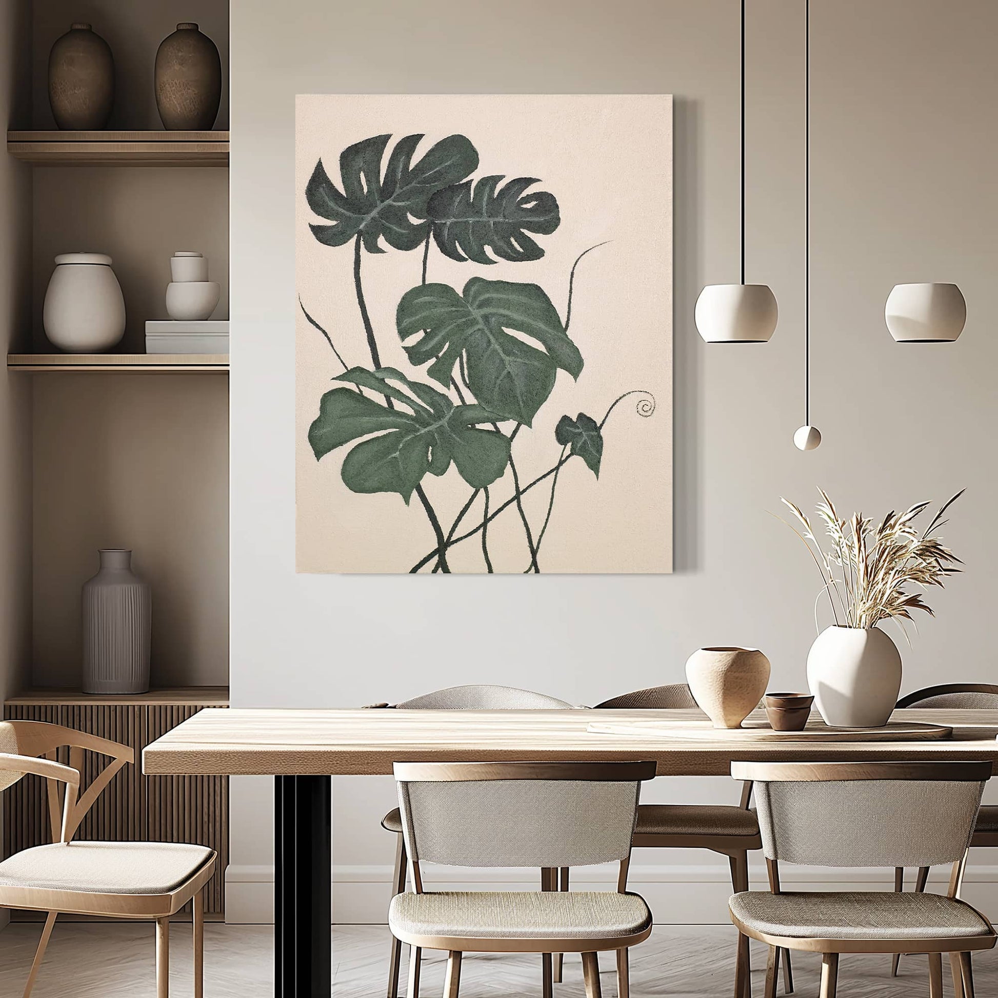 "MONSTERA DELICIOSA: Hand-painted Portrait shaped textured wall art painting featuring the Monstera Deliciosa plant, in shades of green and cream, hanging on the wall in the dining room."