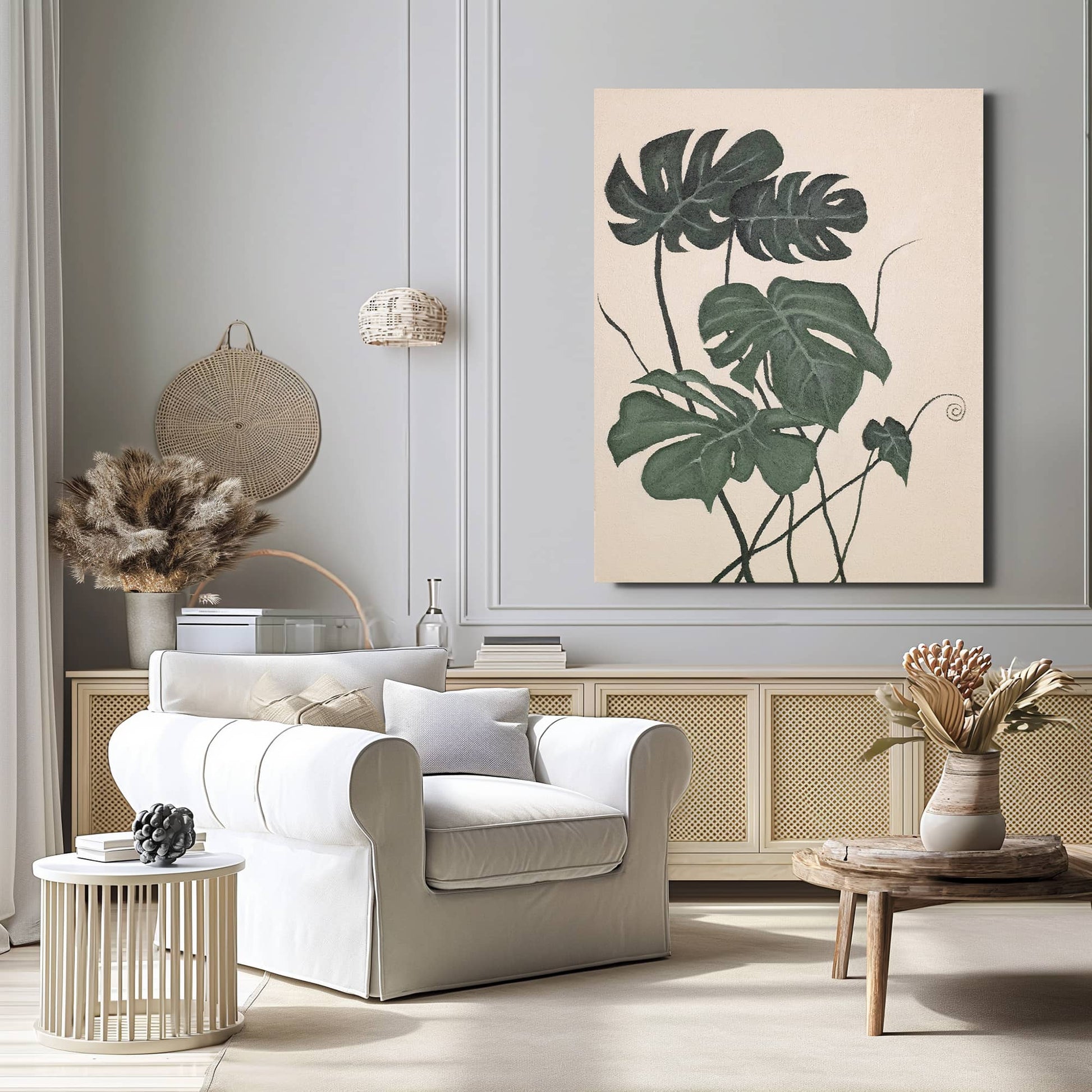 "MONSTERA DELICIOSA: Hand-painted Portrait shaped textured wall art painting featuring the Monstera Deliciosa plant, in shades of green and cream, hanging on the wall in the lounge."